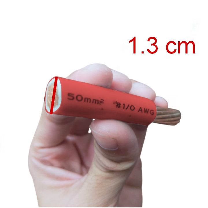 A hand holding a red insulated wire gauge, with a red measurement overlay reading '1.3 cm' and text on the wire showing '50mm² #1/0 AWG'.