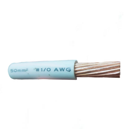 A single strand of twisted copper cable with a light blue protective jacket and printed specifications '50mm² • #1/0 AWG' on a white background.