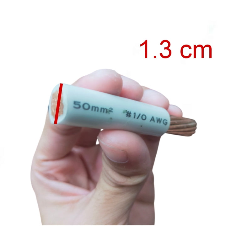 A hand holding a small white cable end with exposed brown copper strands, overlaid with a red measurement line and red text reading 1.3 cm, on a plain white background.