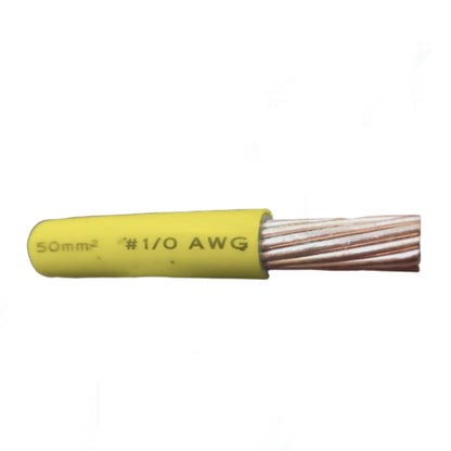 A single yellow electrical cable jacket with exposed copper-colored twisted wire strands, labeled '50mm² • #1/0 AWG' on a plain white background.