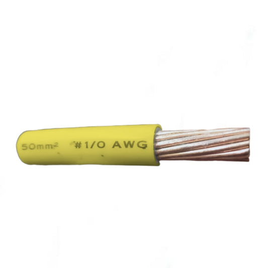 A single yellow electrical cable jacket with exposed copper-colored twisted wire strands, labeled '50mm² • #1/0 AWG' on a plain white background.