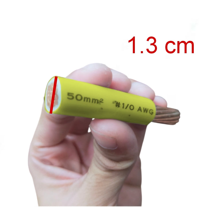 A hand holding a small yellow insulated wire strand, with a red measurement marker and red text reading '1.3 cm' on a white background.