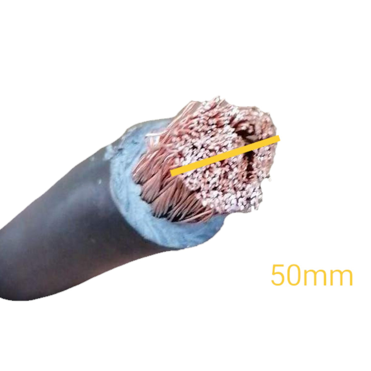 A close-up of a cut black cable showing the internal copper wire strands, with a yellow diagonal line and text reading 50mm indicating the strand diameter.