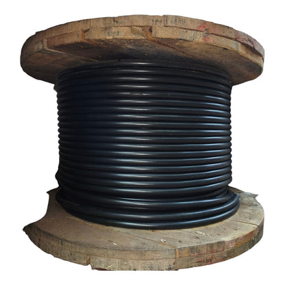 A large spool of thick black cable or wire wound around a rustic wooden spool, isolated on a white background.