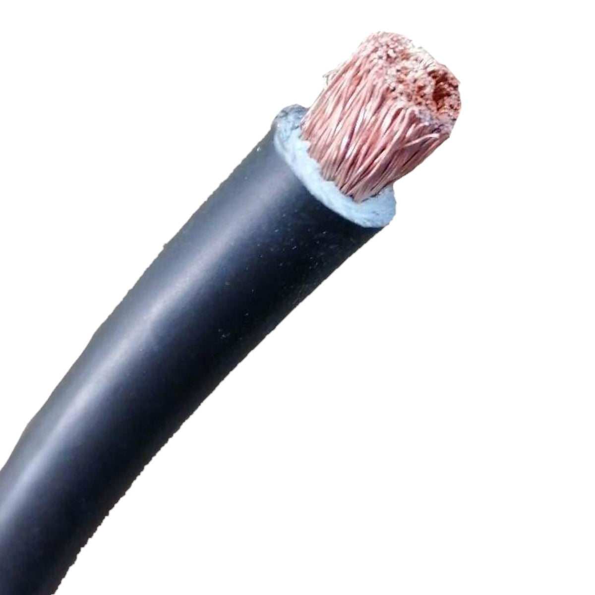 A close-up of a black electrical cable with its outer jacket removed, showing a multi-strand copper wire core and a light gray insulation layer, isolated on a white background.
