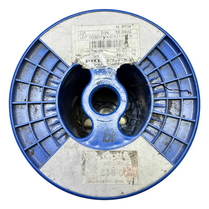 Blue wire spool with visible branding and text on a white background