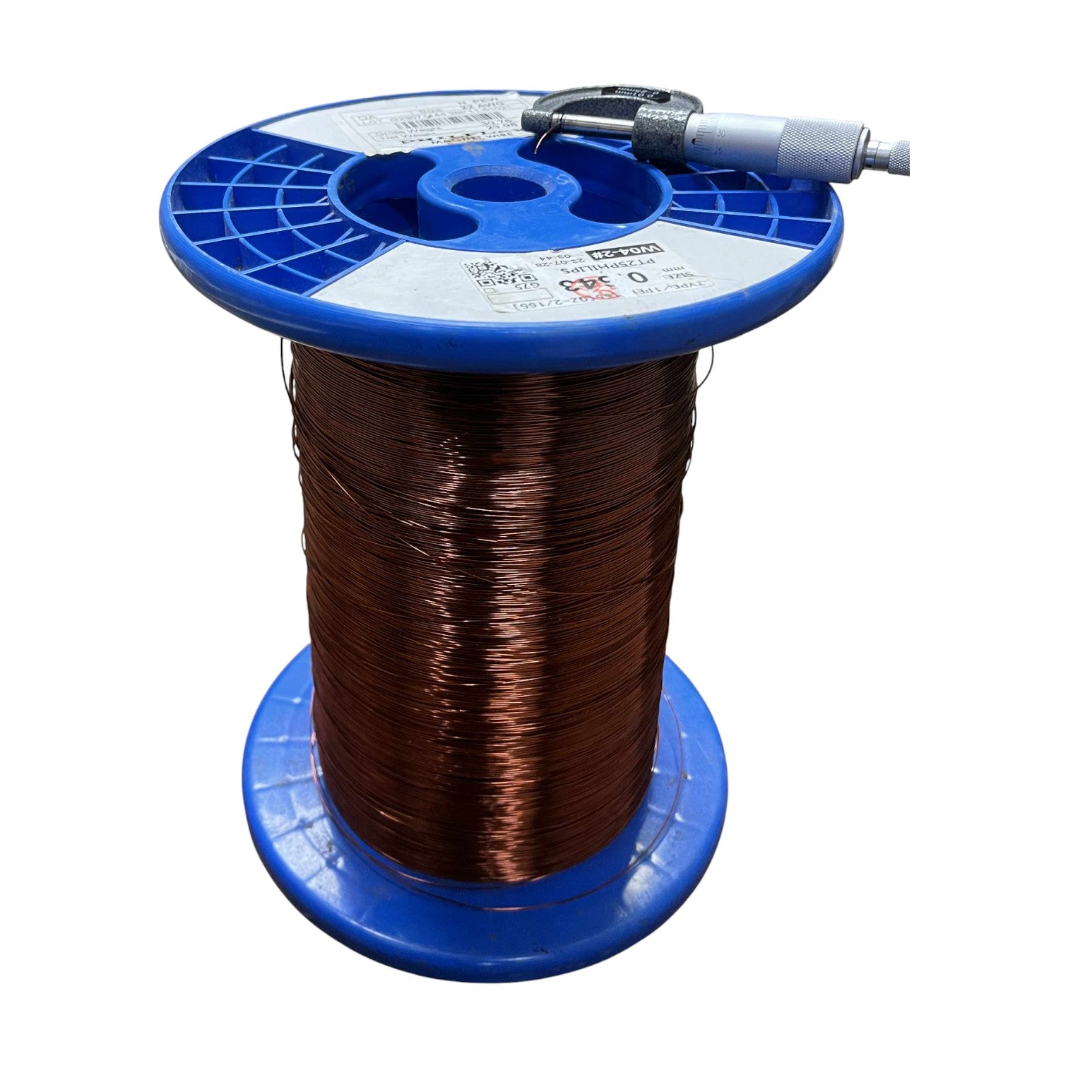 Spool of wire on a blue reel with a white background Philflex 700 Grams Magnet Wire AWG 22 Enameled Copper Wire 0.65mm Heavy Formix Approx 233.33 Meters Per Roll