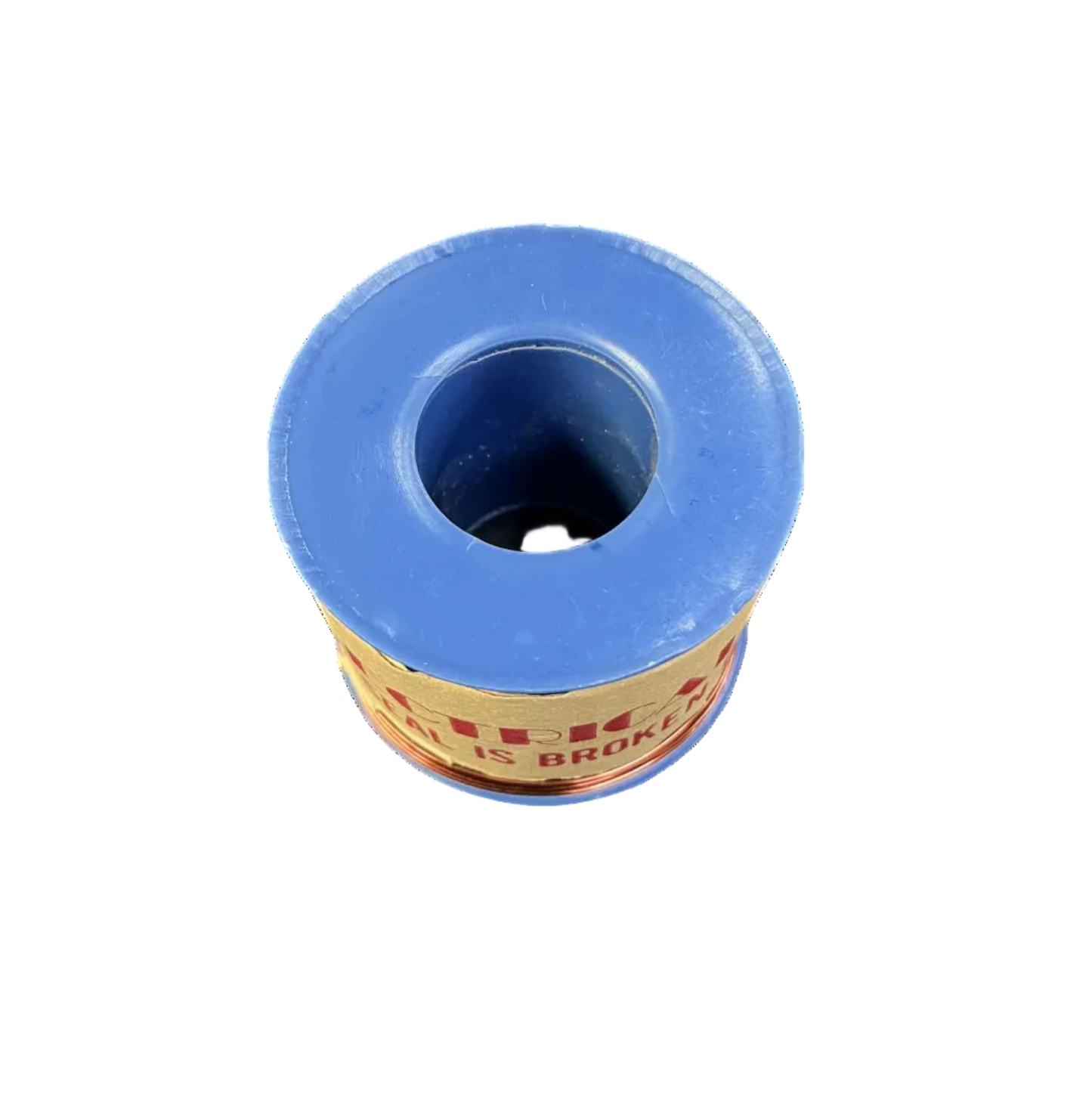Blue cylindrical object with a label on a white background