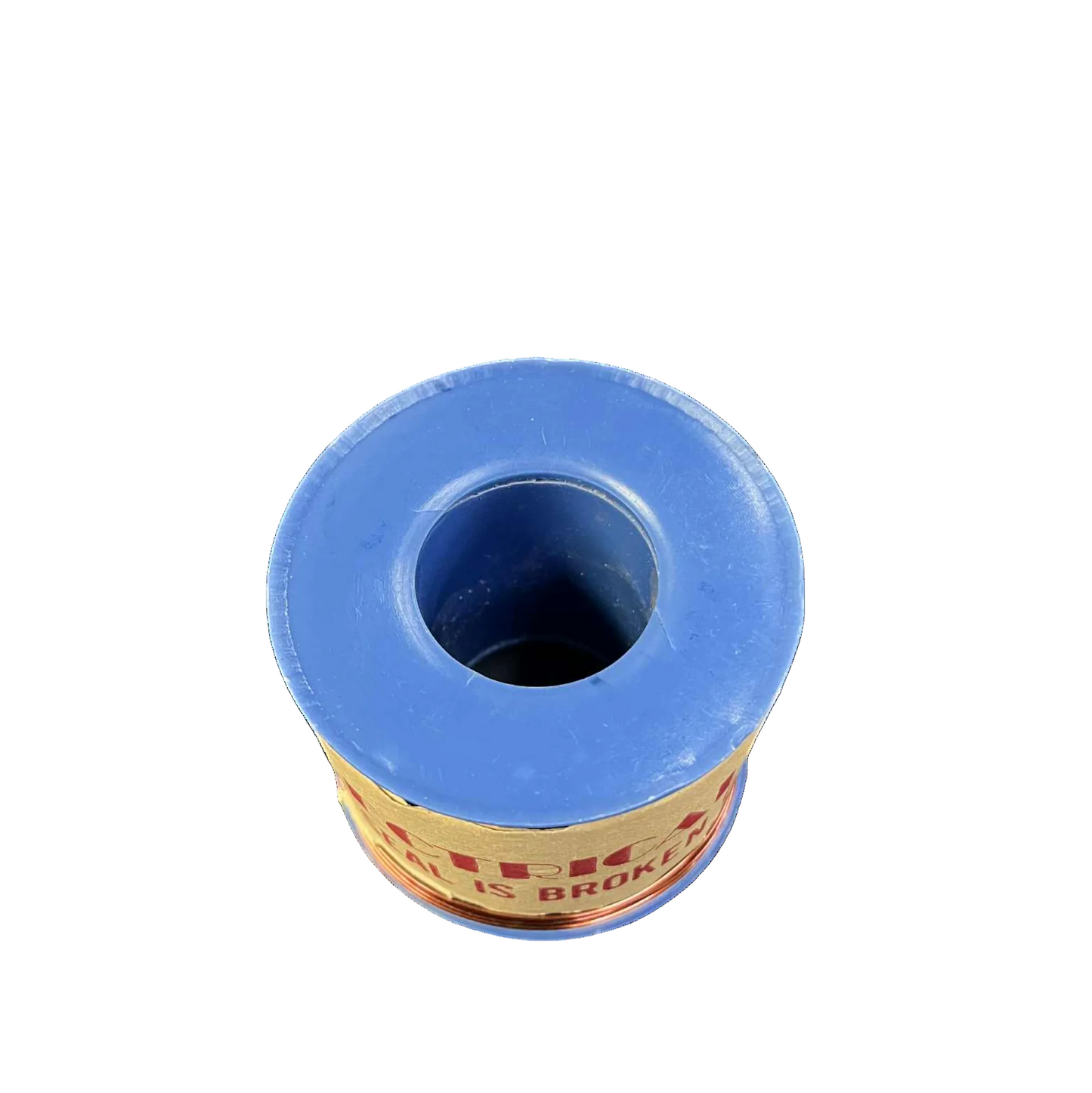 Blue spool of thread with a white background