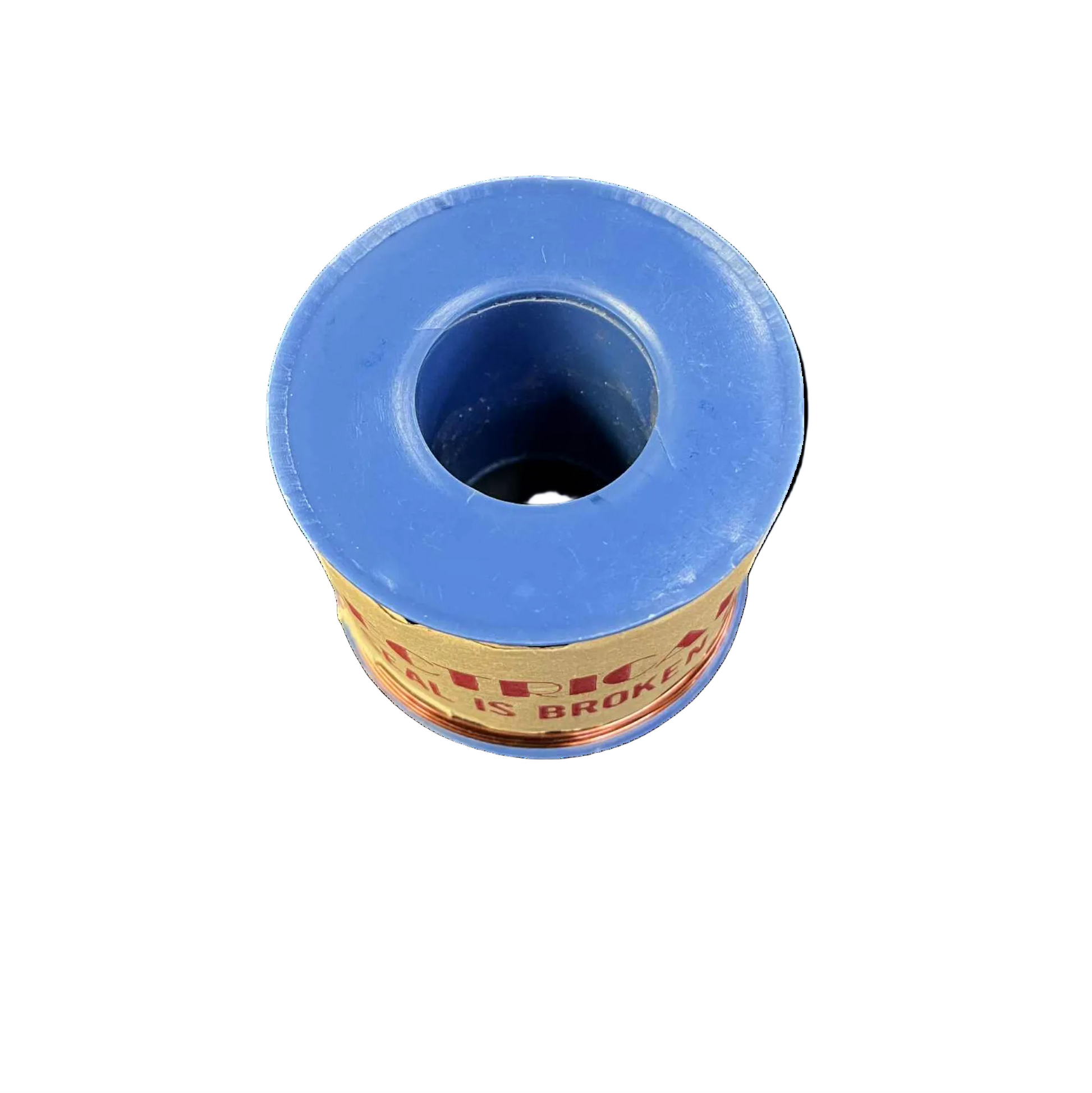 Blue spool of thread with a white background