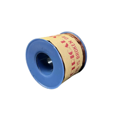 Film reel with blue spool and brown paper label on a white background