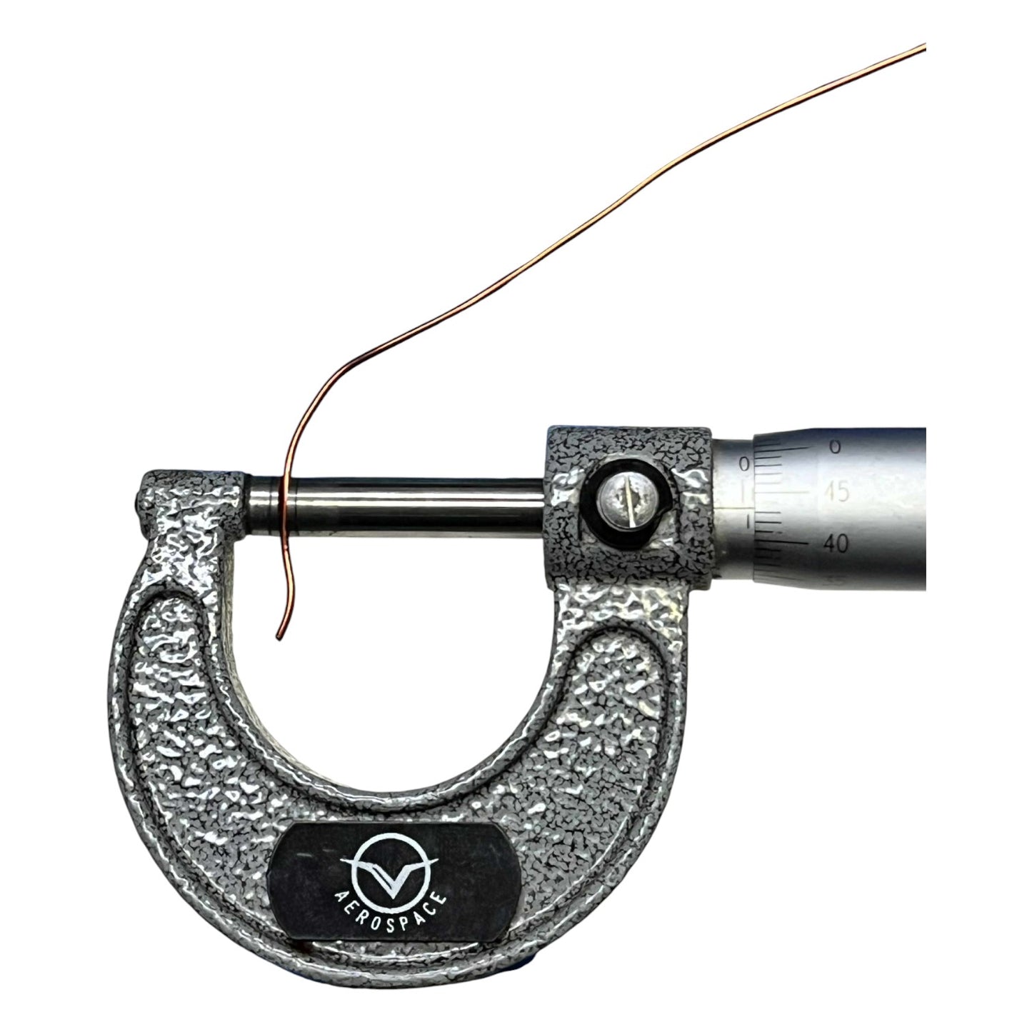 Micrometer measuring a thin wire with 'Aerodyne' branding on a white background