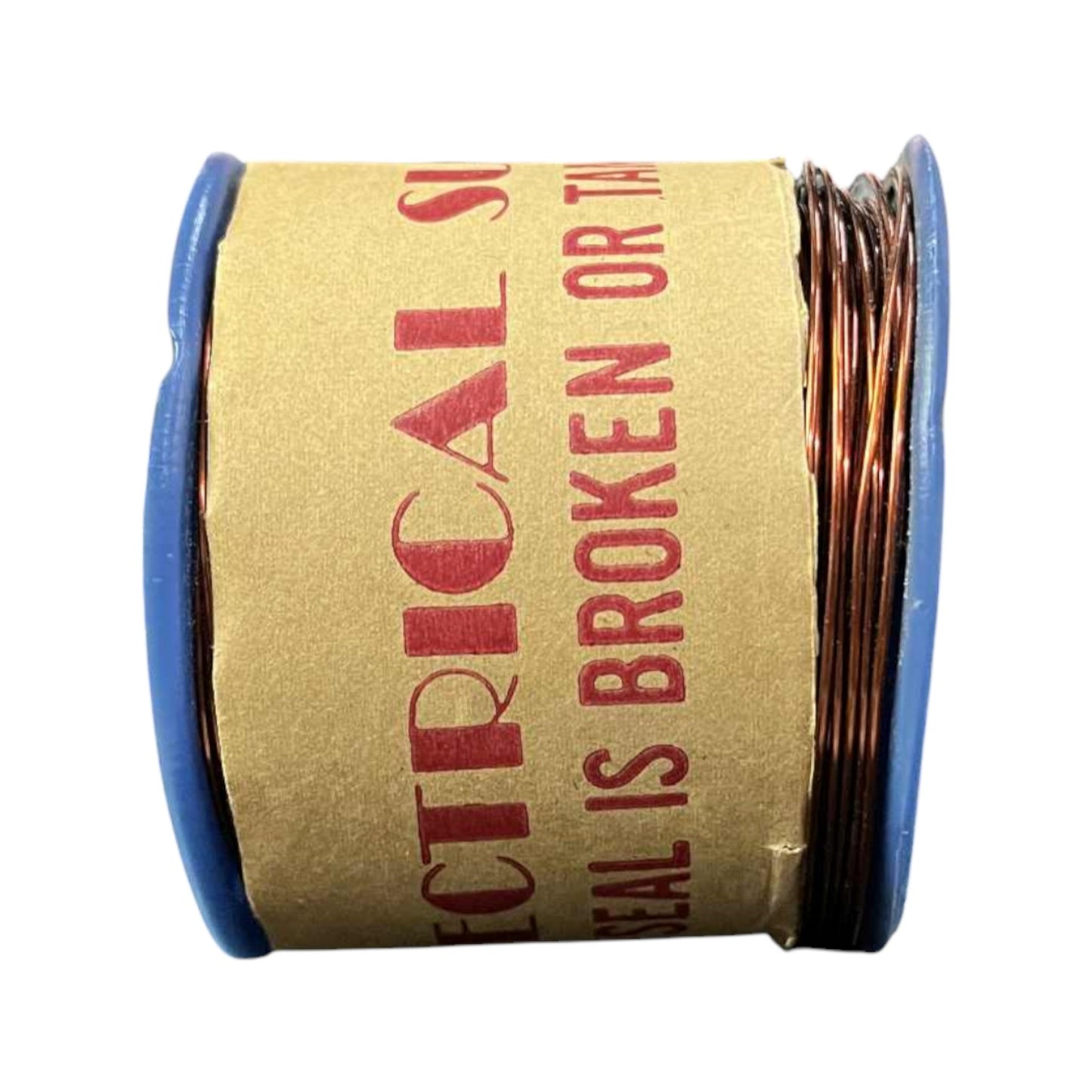 Spool of copper wire with a cardboard label on a white background