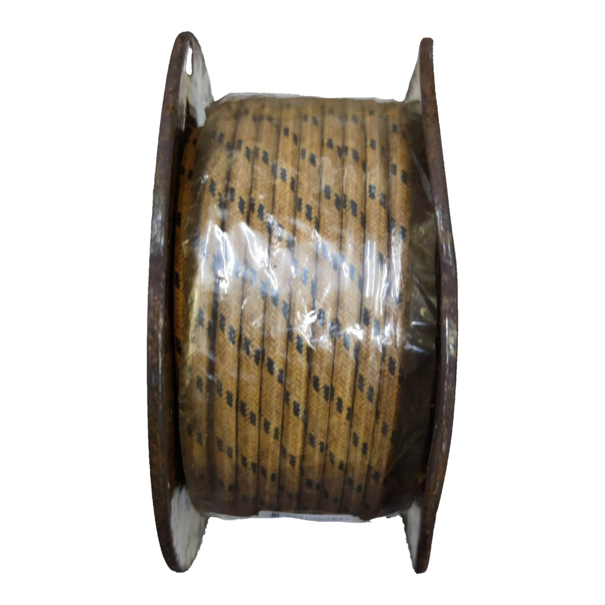 A spool of tan or light brown cord or rope with a repeating black dotted pattern, wrapped in clear plastic, on a plain white background.