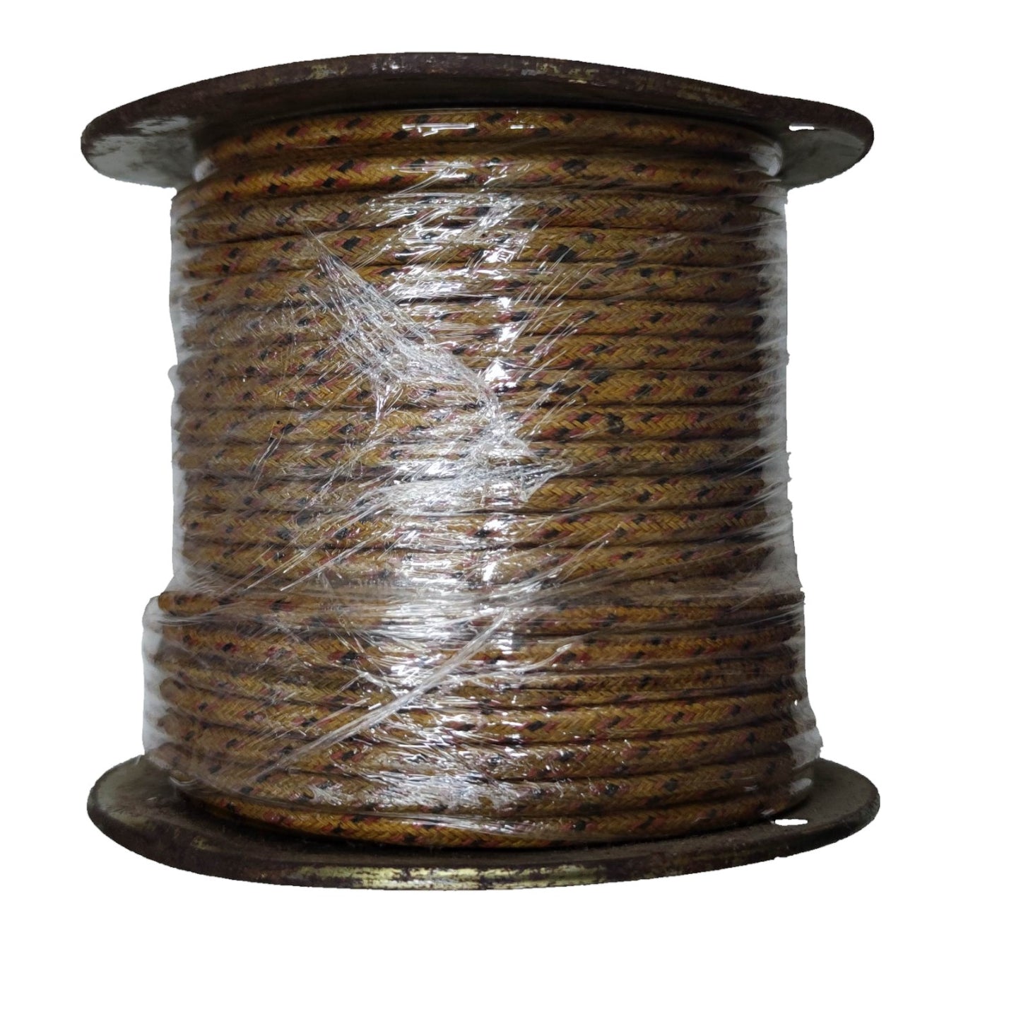 A large spool of braided brown and black rope or cable, wrapped in clear plastic, shown against a plain white background.