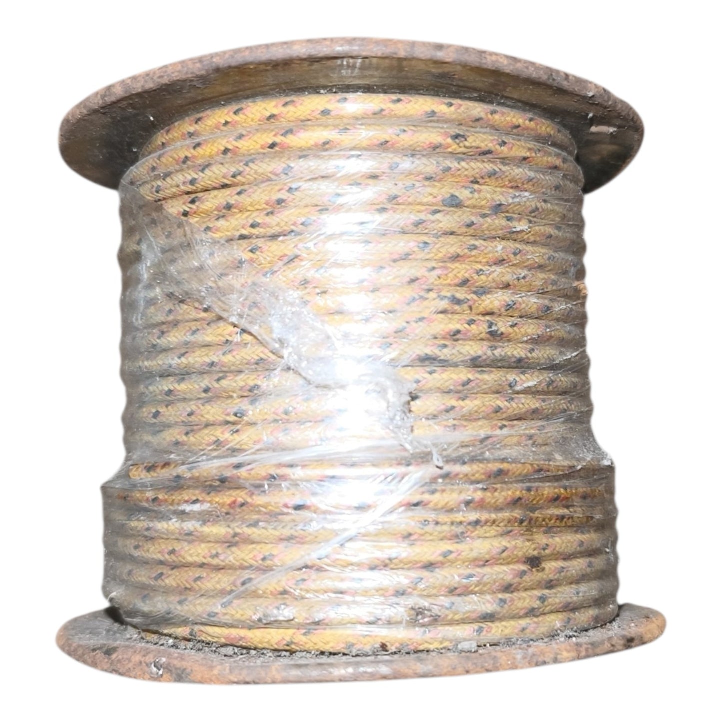 A large spool of twisted yellow-brown rope or cord wrapped in clear plastic, shown against a plain white background.