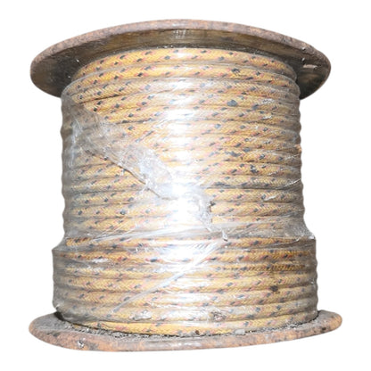 A large spool of twisted yellow-brown rope or cord wrapped in clear plastic, shown against a plain white background.
