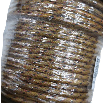 A bulk coil of braided rope or cable wrapped in clear plastic, showing a tan and brown braided pattern with small black and red flecks, on a white background.