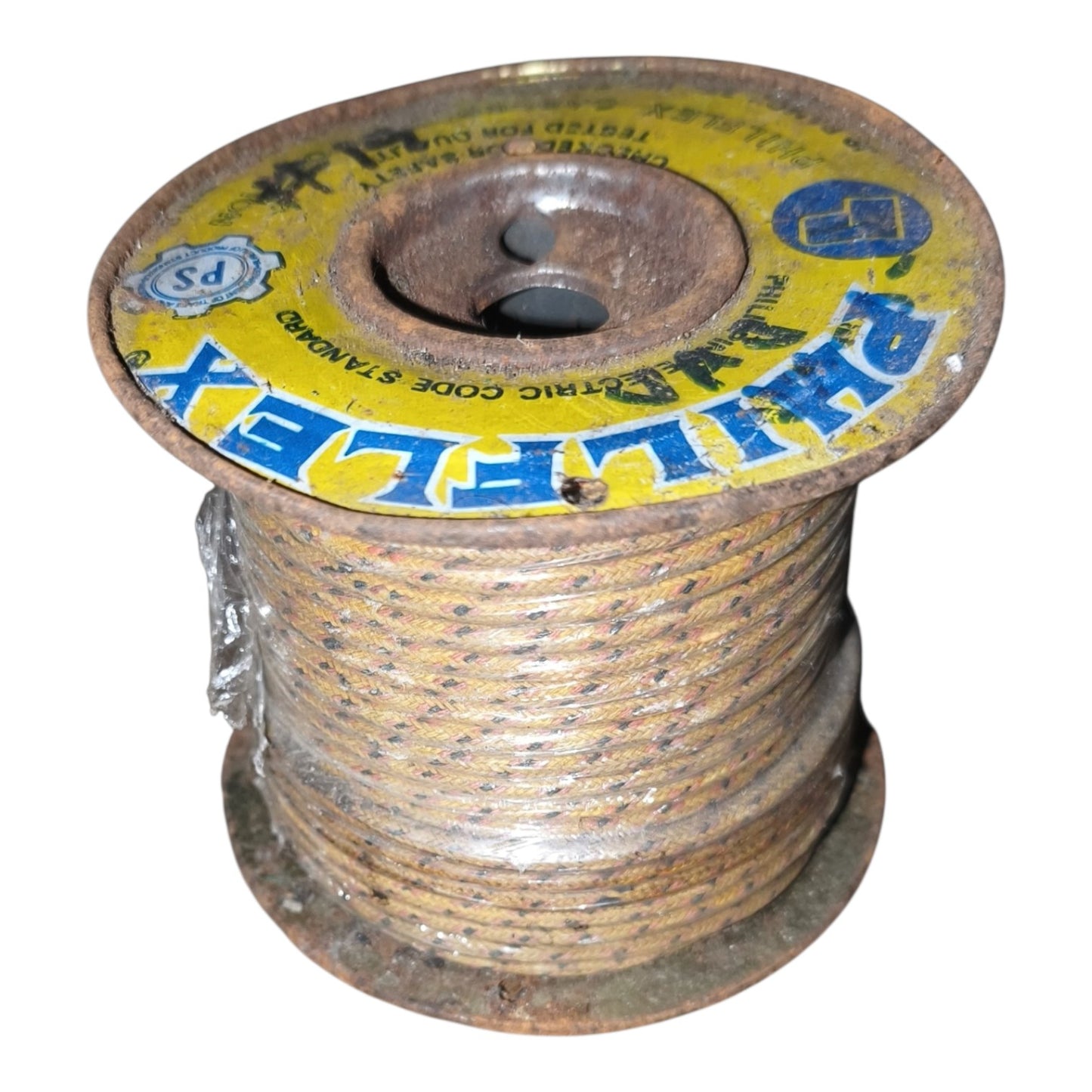 A spool of PHILIPLEX brand electrical wire, wound around a rusted metal core with a yellow and blue label, isolated on a white background.