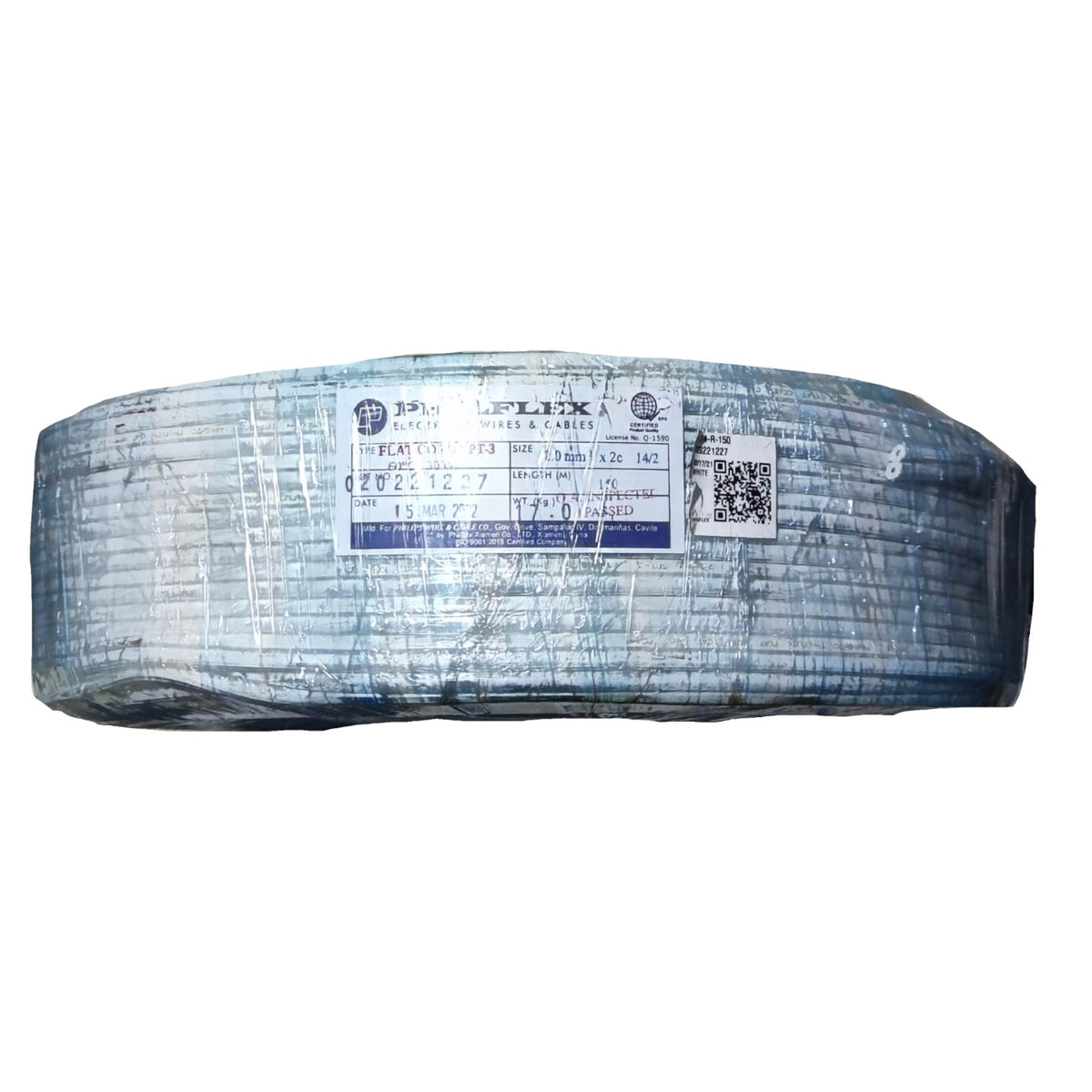 A large spool of blue-gray cable wrapped in protective plastic with a white and blue product label in the center, isolated on a white background.