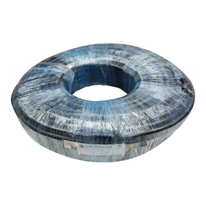 A large spool of black cable wrapped in clear protective plastic, shown on a plain white background.