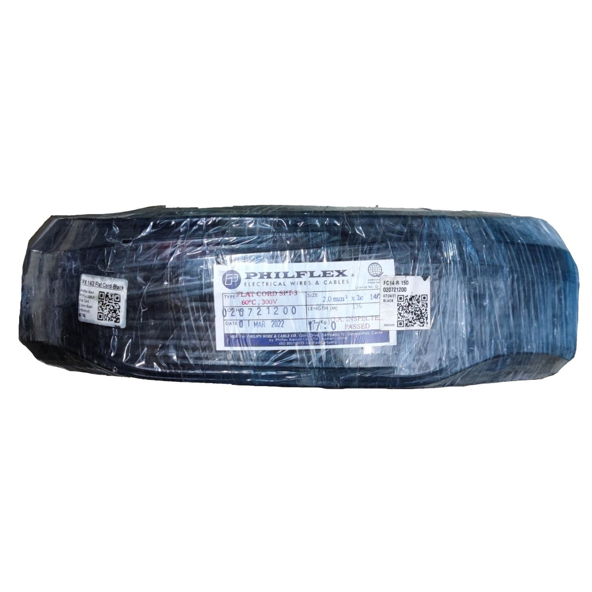 A large spool of black electrical wire wrapped in protective plastic, featuring a white and blue Priflex label, on a plain white background.