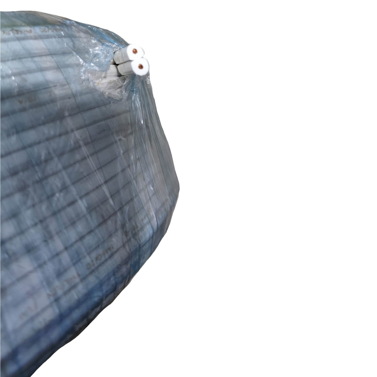 A close-up of a gray ribbed flexible conduit or cable jacket with two white connector ends visible, isolated on a white background.