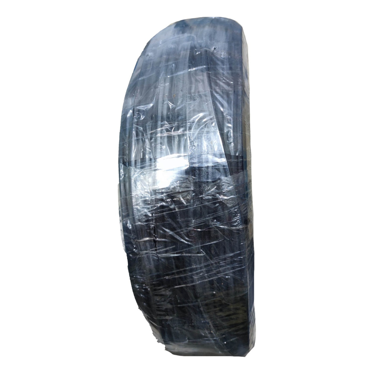 A single black tire wrapped in clear plastic packaging, shown against a plain white background.