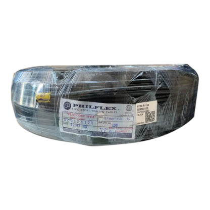 A spool of Philflex black electrical wire cable wrapped in clear protective plastic film, with a white product label showing the brand and specifications.