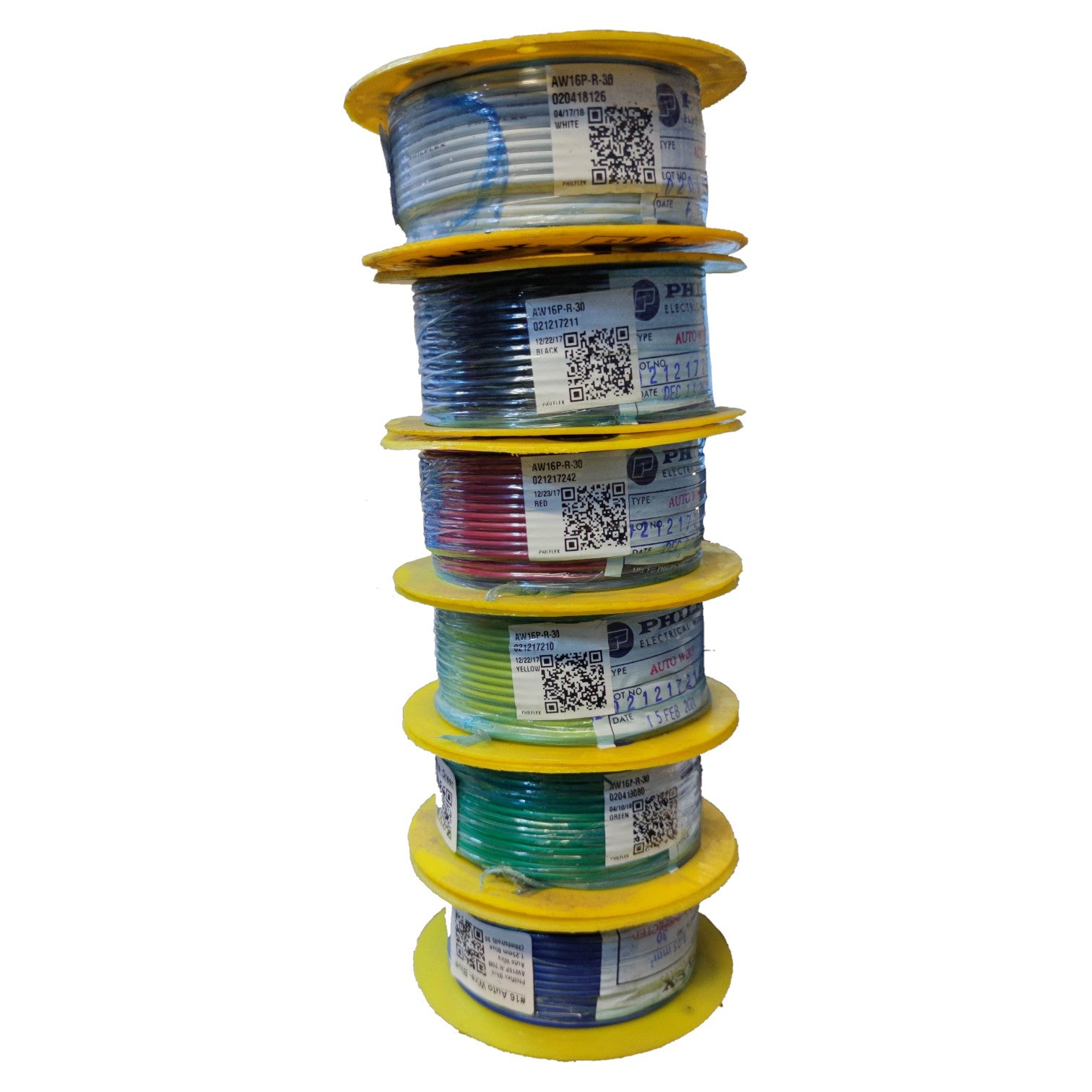 Stack of wire spools with colorful wires on a white background