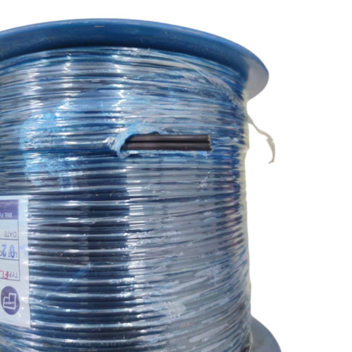 A large spool of blue wire wrapped in clear protective plastic, with a small product label visible on the left side, isolated on a white background.