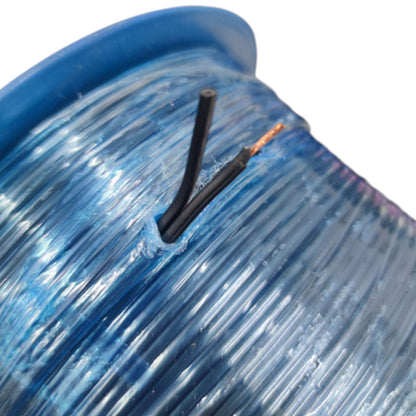 A close-up of a spool of translucent blue electrical wire or cable, showing the ridged plastic sheath and a cut section revealing black outer insulation and a copper wire core.