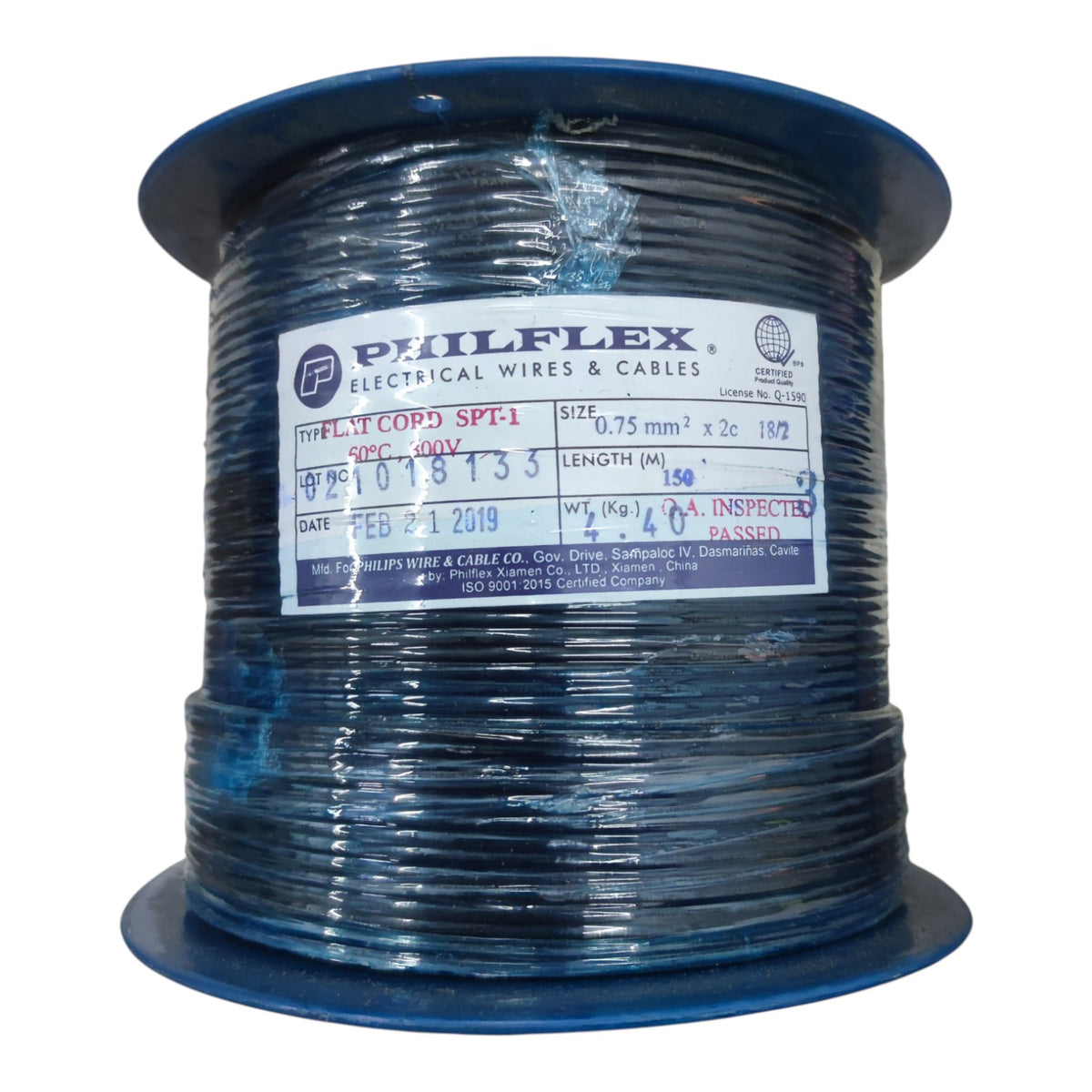 A spool of blue electrical wire from Railflex Electrical Wires & Cables, featuring a white paper label with specifications and an inspection sticker.