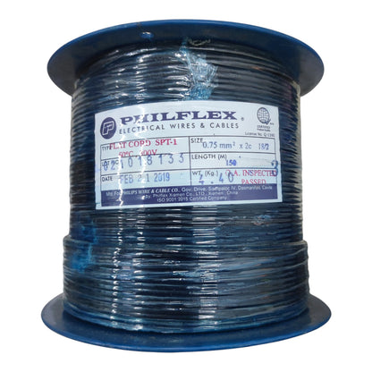 A spool of blue electrical wire from Railflex Electrical Wires & Cables, featuring a white paper label with specifications and an inspection sticker.