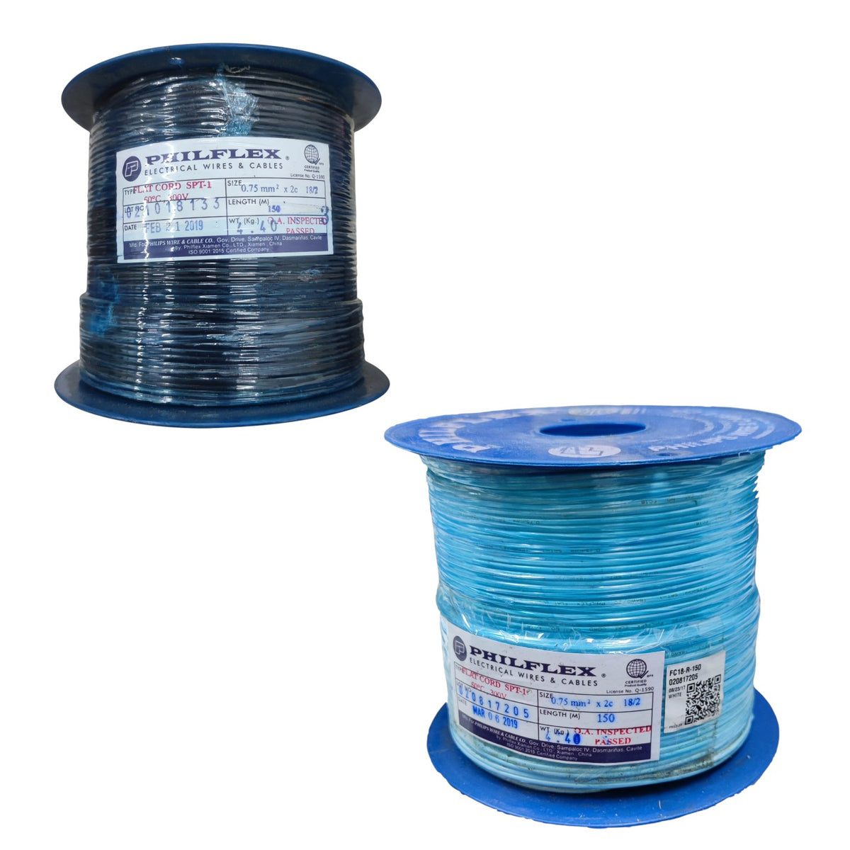 Two spools of PHILFLEX electrical wire and cable shown on a white background, one spool with black wire and one with light blue wire.
