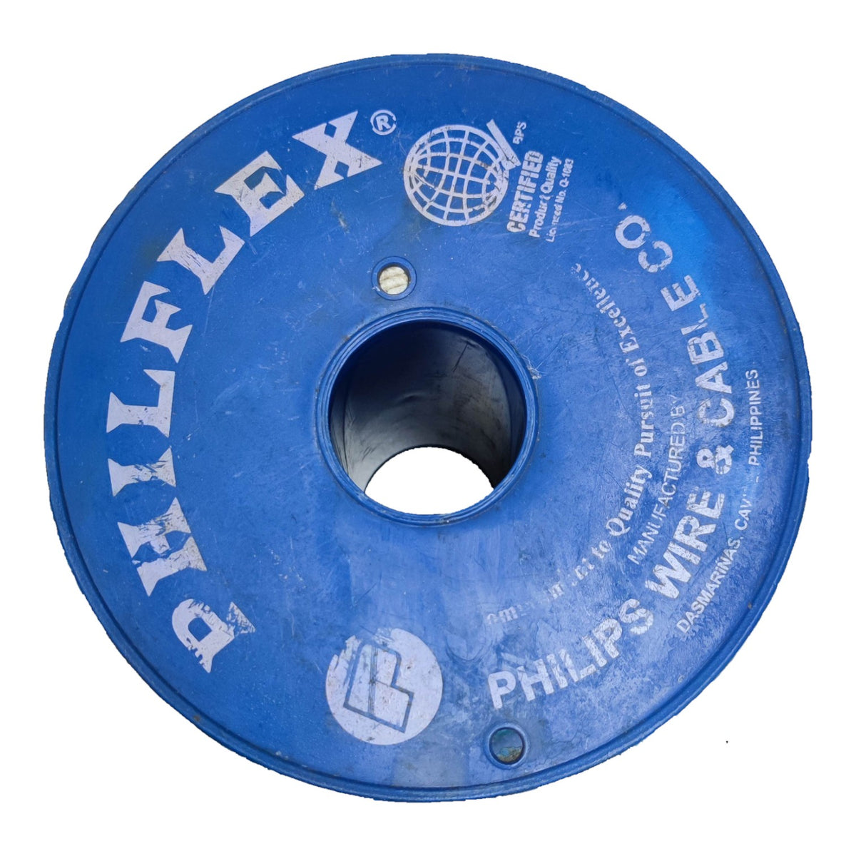 A blue circular spool of Philips Wire & Cable Co. PHILFLEX wire, featuring white printed branding and specifications on a clean white background.