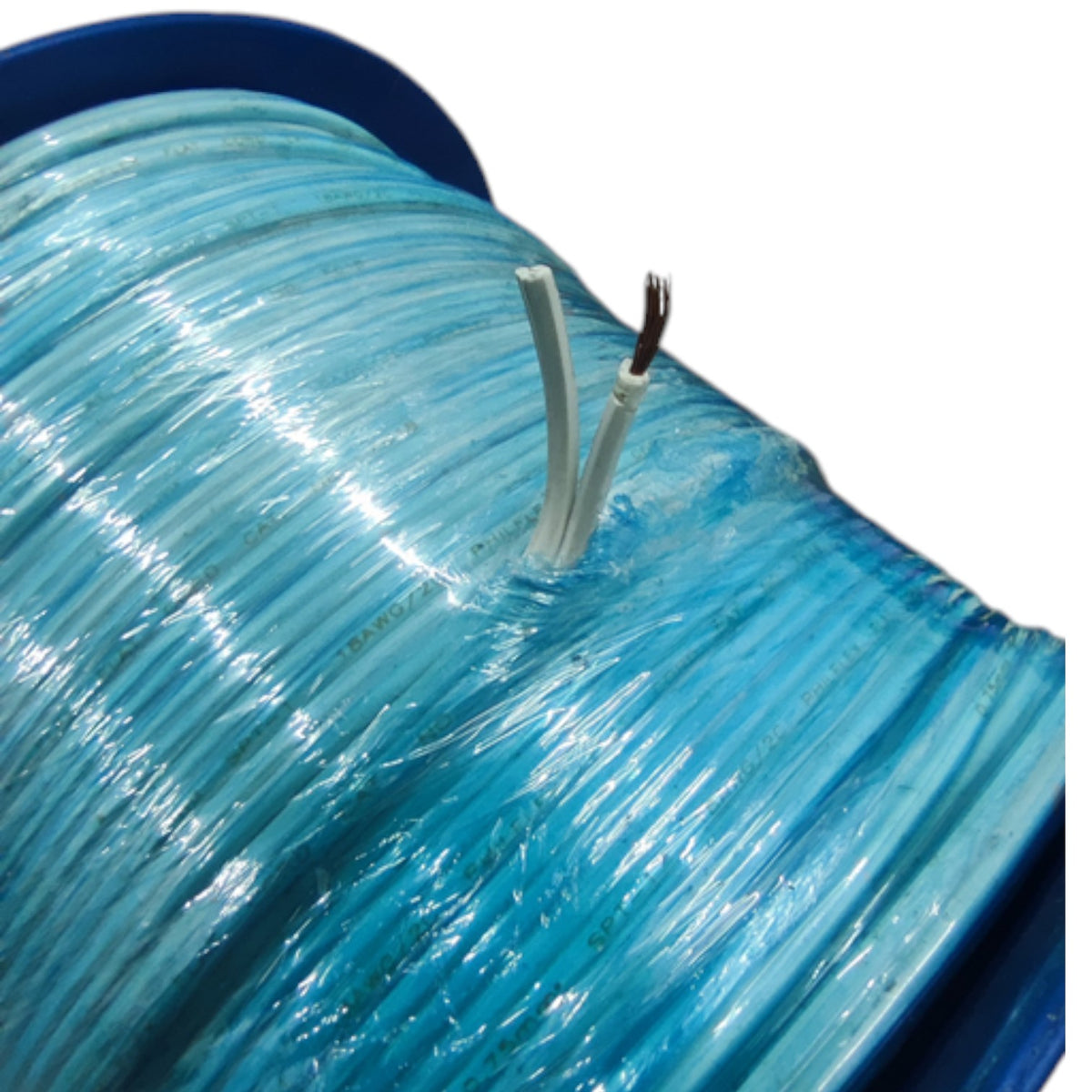 A close-up of a spool of light blue braided cable or wire, with two exposed white inner wires visible on the front against a plain white background.