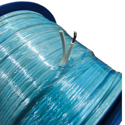 A close-up of a spool of light blue braided cable or wire, with two exposed white inner wires visible on the front against a plain white background.