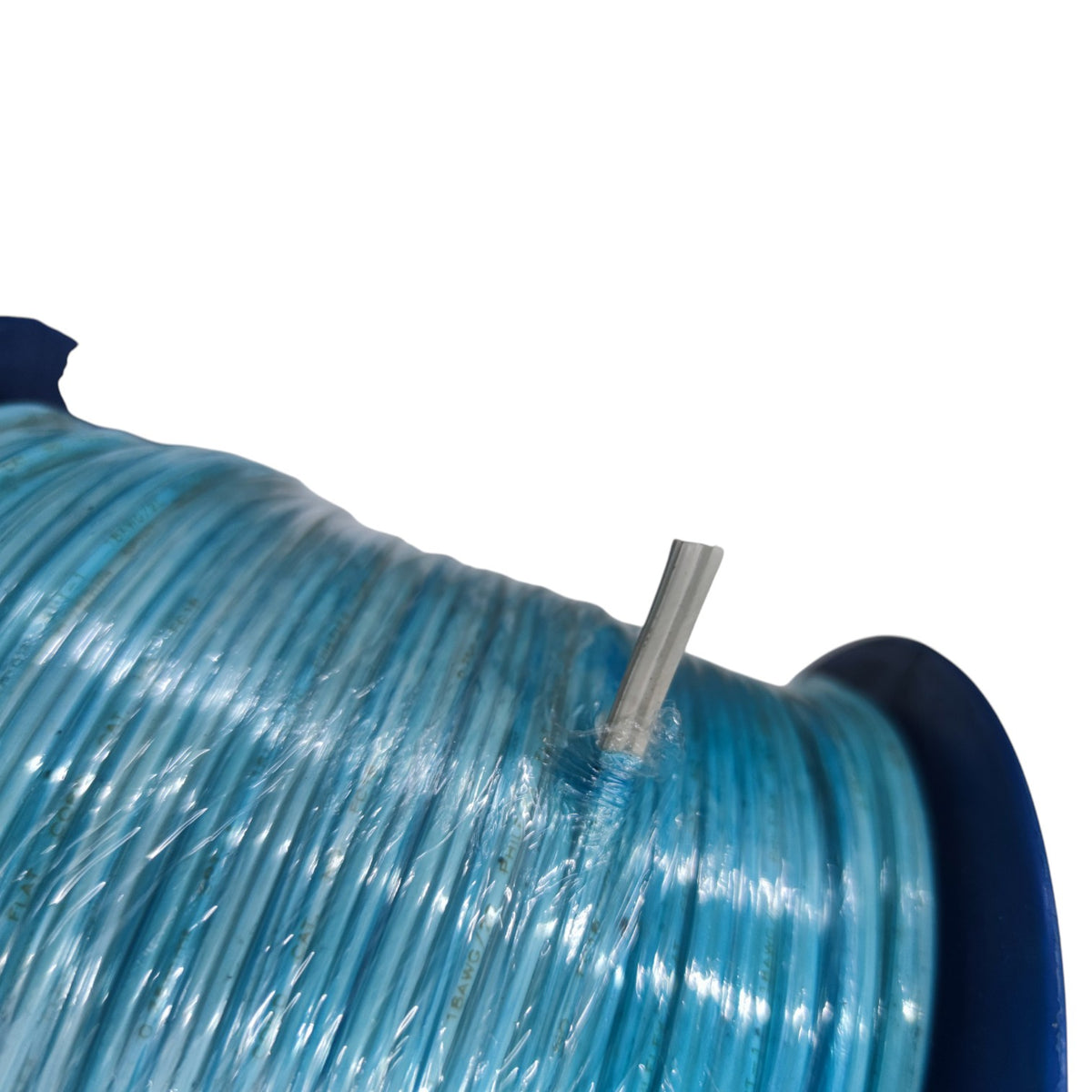 A close-up of a spool of light blue braided cable or wire, wound tightly on a dark blue spool with a single exposed gray wire strand visible, set against a plain white background.