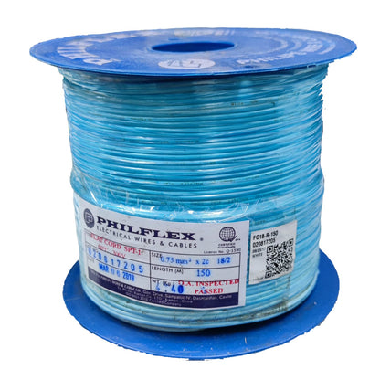 A spool of Philflex light blue electrical wire and cables, featuring a white and blue product label on a clean white background.