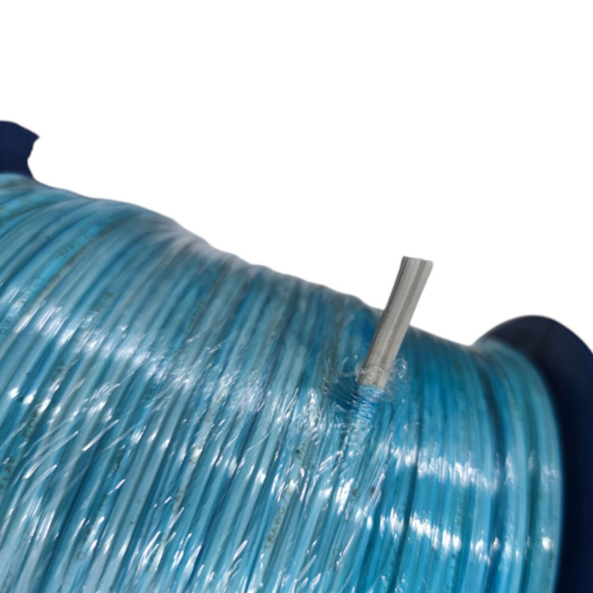 A close-up of a large spool of translucent light blue cable or wire wrapped in protective plastic, with a single exposed gray wire visible on top, set against a plain white background.