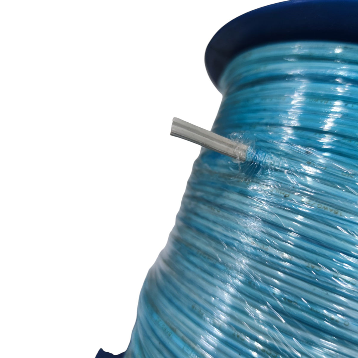 A close-up of a spool of light blue braided cable or wire, showing the texture of the strands and a small exposed gray core, isolated on a white background.