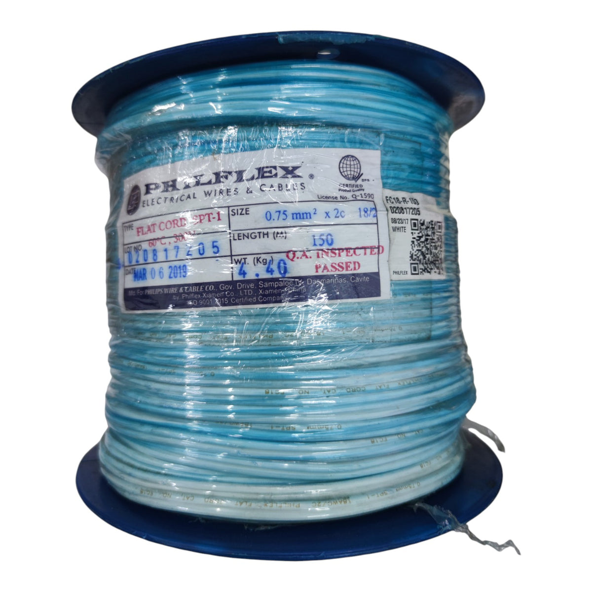 A spool of light blue flat core electrical wire wrapped in clear plastic, with a white and blue label reading PHILIPLEX.
