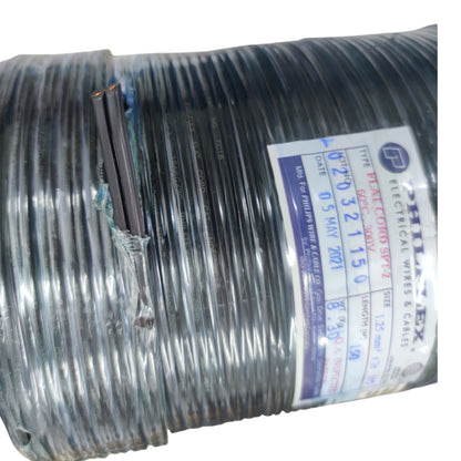 A spool of black electrical wire with a white and blue label, wrapped in protective plastic.