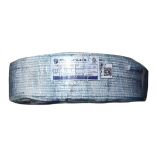 A spool of textured gray cable wrapped in protective plastic with a white and blue label in the center, isolated on a white background.