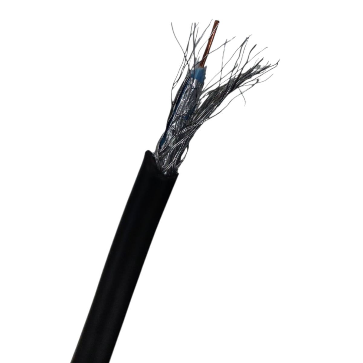 A close-up of a black cable or wire showing the exposed inner strands, including a copper-colored center wire and metallic layers, on a plain white background.