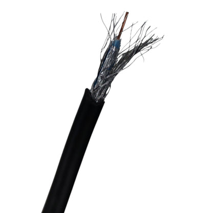 A close-up of a black cable or wire showing the exposed inner strands, including a copper-colored center wire and metallic layers, on a plain white background.