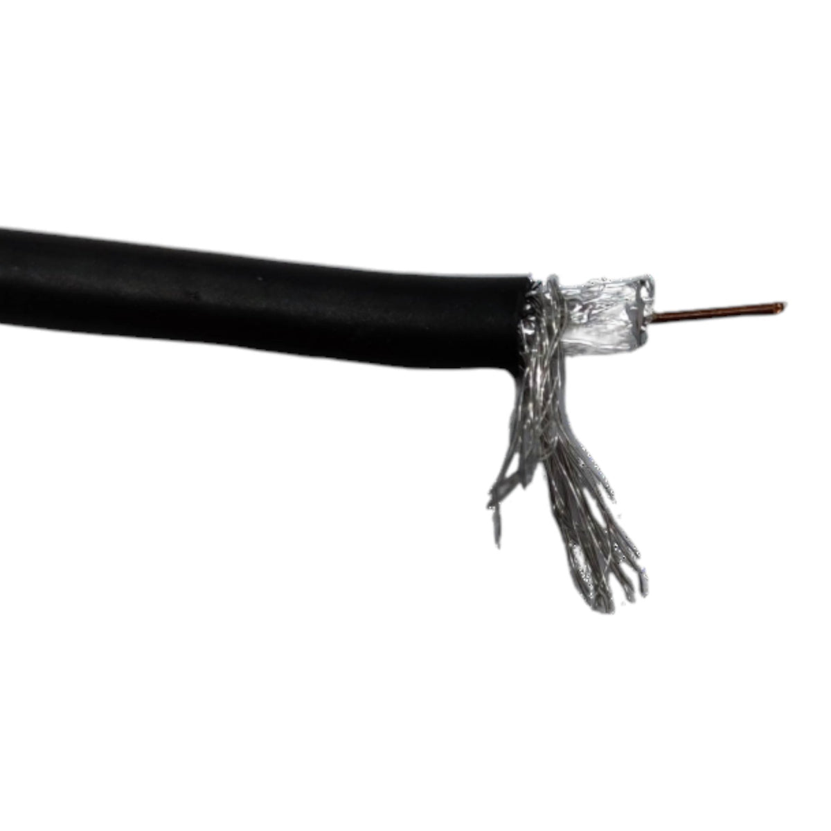 A close-up of a black cable with its outer sheath stripped back, showing multiple silver metal strands and a single exposed copper wire terminal, on a plain white background.