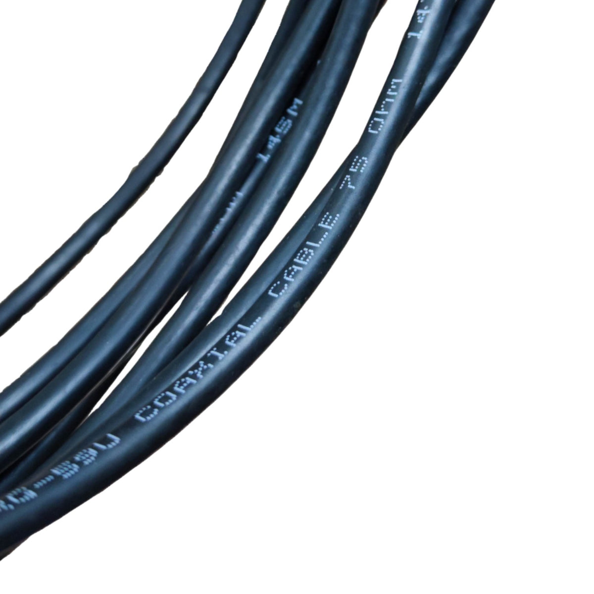 Black corrugated cable with white printed text reading 'CORrugated Cable 75 Ohm' and '145M', shown on a plain white background.
