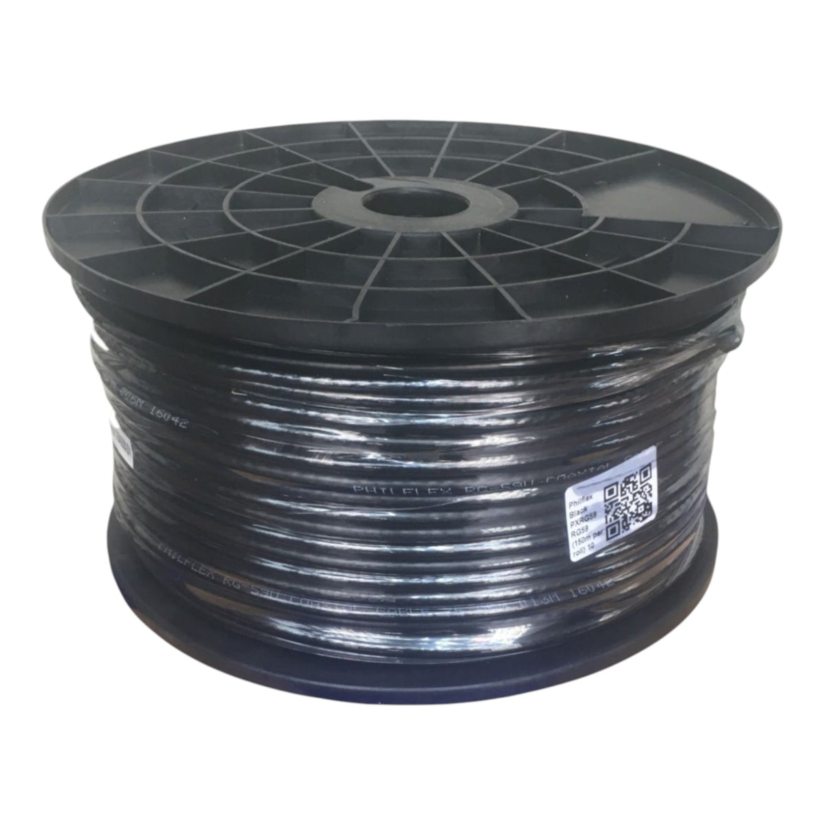 A large spool of black 3D printing filament, wound tightly on a black plastic core with a white product label showing a QR code, isolated on a white background.